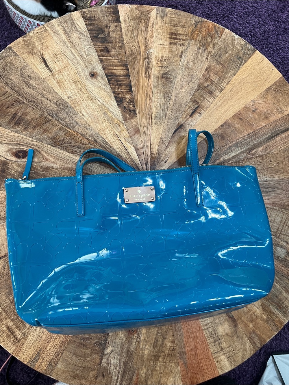 kate spade Teal Patent Leather Tote with Embossed Logo